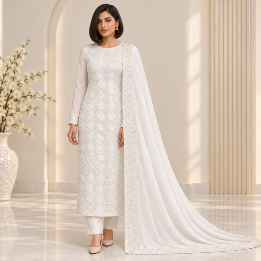 White Diamond Embroidered Chiffon 2-Piece – Design 10018 — model styling