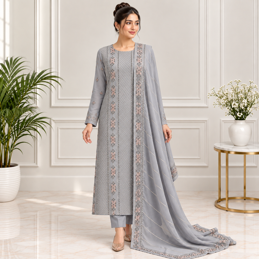 Silver Blush Embroidered Chiffon 2-Piece – Design 10019 — model styling