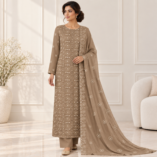 Taupe Mirror Embroidered Chiffon 2-Piece – Design 10020 — model styling