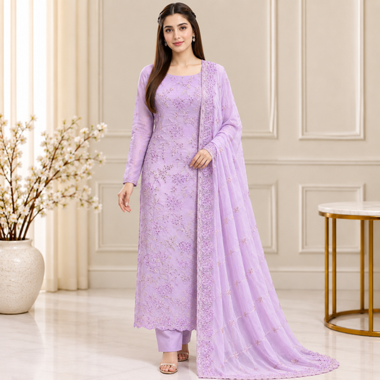 Lavender Lace Embroidered Chiffon 2-Piece – Design 10021 — model styling