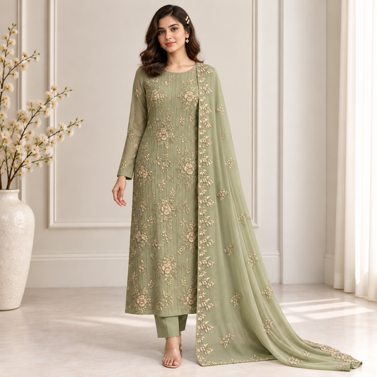 Sage Bouquet Embroidered Chiffon 2-Piece – Design 10022 — model styling
