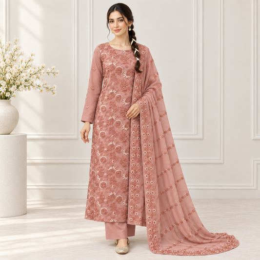Rose Gold Embroidered Chiffon 2-Piece – Design 10023 — model styling