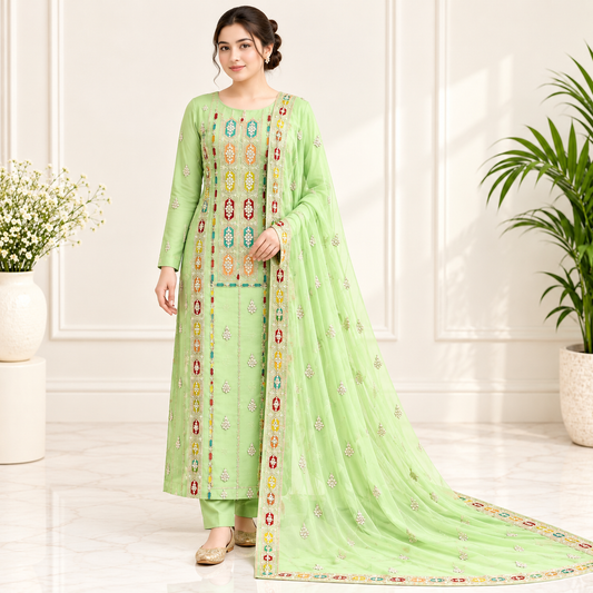 Pistachio Multicolor Embroidered Chiffon 2-Piece – Design 10025 — model styling