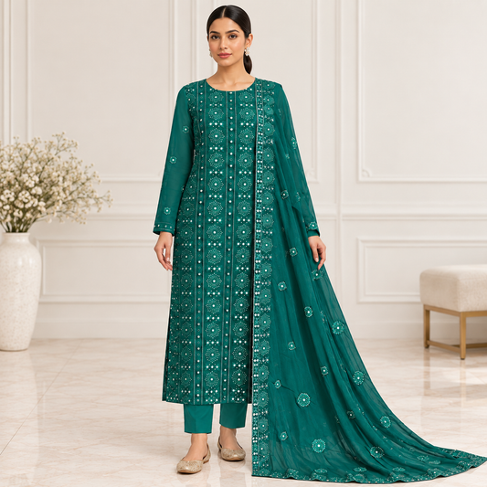 Emerald Mirror Embroidered Chiffon 2-Piece – Design 10026 — model styling
