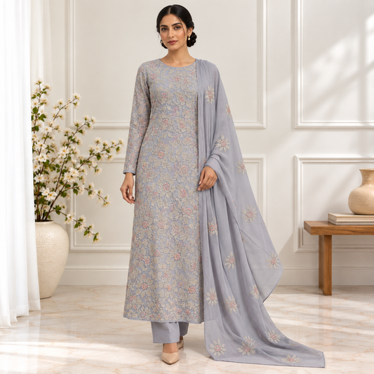 Lilac Grey Floral Embroidered Chiffon 2-Piece – Design 10028 — model styling