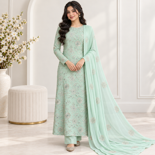 Mint Crystal Embroidered Chiffon 2-Piece – Design 10029 — model styling
