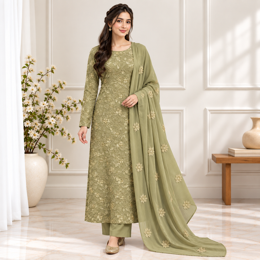 Sage Floral Embroidered Chiffon 2-Piece – Design 10033 — model styling