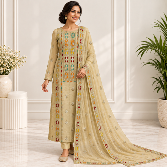 Sand Multicolor Embroidered Chiffon 2-Piece – Design 10034 — model styling