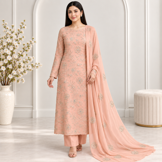 Soft Coral Embroidered Chiffon 2-Piece – Design 10035 — model styling