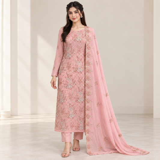 Teal Heritage Embroidered Chiffon 2-Piece – Design 10037 — model styling