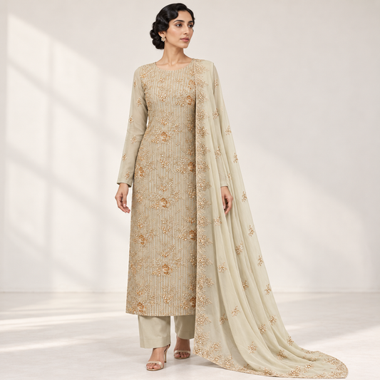 Ivory Garden Embroidered Chiffon 2-Piece – Design 10039 — model styling