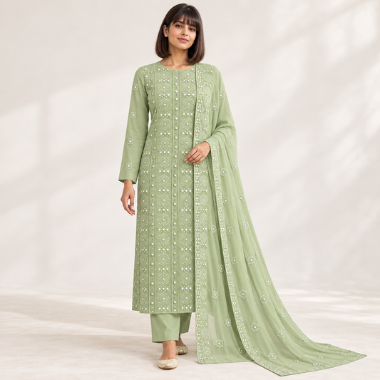 Champagne Floral Embroidered Chiffon 2-Piece – Design 10040 — model styling