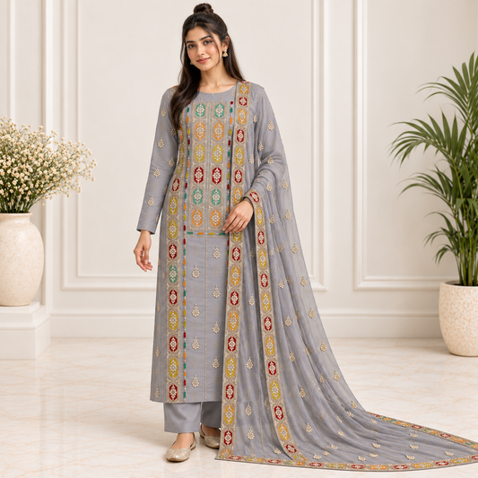 Grey Mosaic Embroidered Chiffon 2-Piece – Design 10044 — model styling