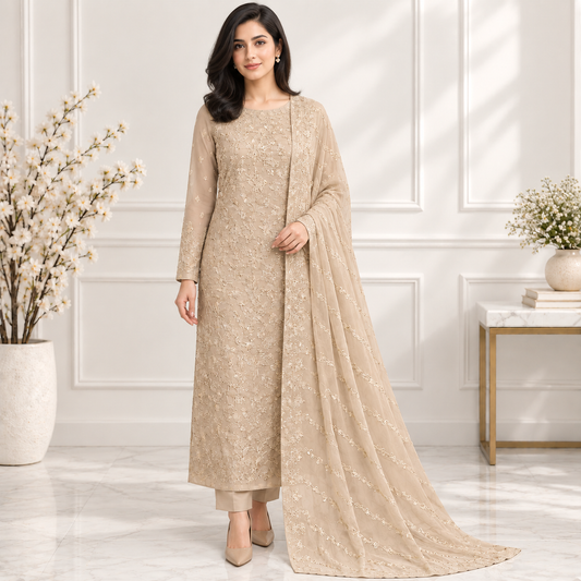 Ivory Lace Embroidered Chiffon 2-Piece – Design 10045 — model styling