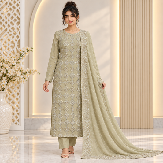 Sage Diamond Embroidered Chiffon 2-Piece – Design 10046 — model styling