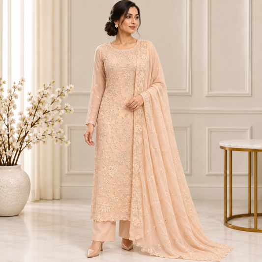 Peach Pearl Embroidered Chiffon 2-Piece – Design 10050 — model styling