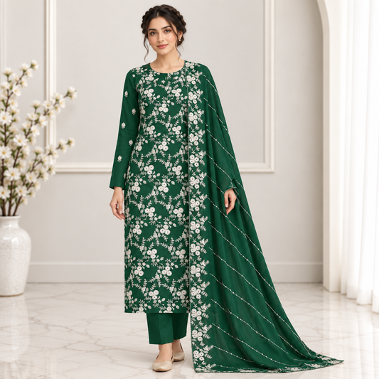 Emerald Bloom Embroidered Chiffon 2-Piece – Design 10051 — model styling