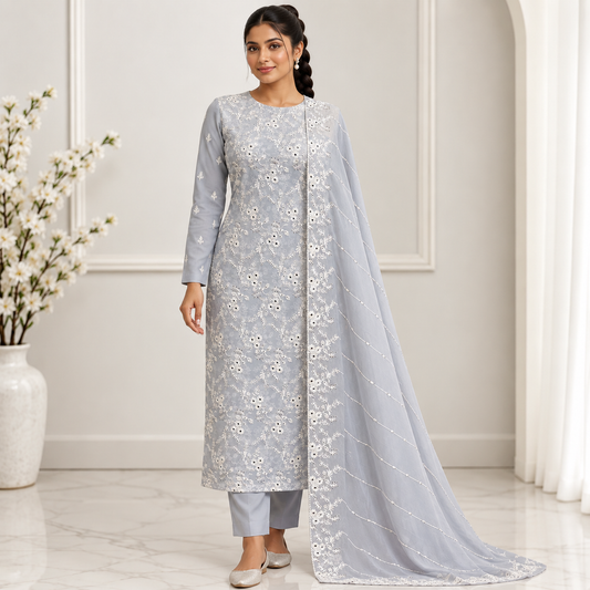 Silver Mist Embroidered Chiffon 2-Piece – Design 10052 — model styling
