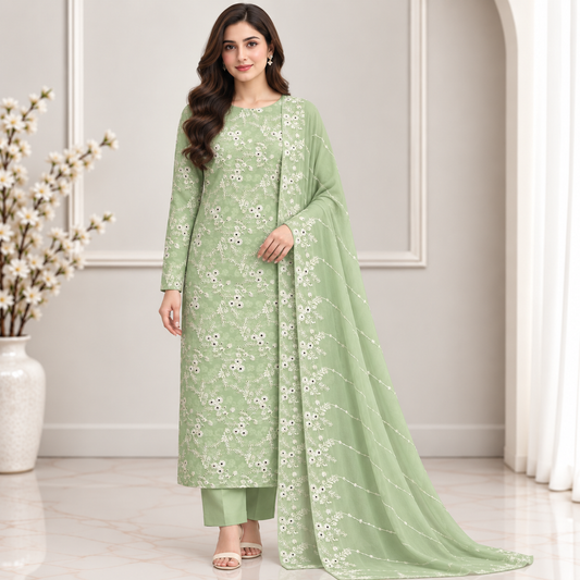 Mint Blossom Embroidered Chiffon 2-Piece – Design 10053 — model styling