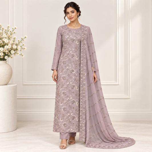 Mauve Bloom Embroidered Chiffon 2-Piece – Design 10054 — model styling