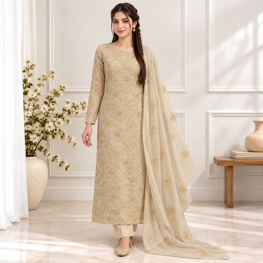 Champagne Garden Embroidered Chiffon 2-Piece – Design 10057 — model styling