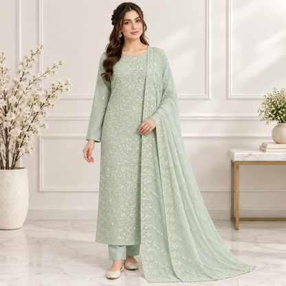 Pistachio Lace Embroidered Chiffon 2-Piece – Design 10058 — model styling