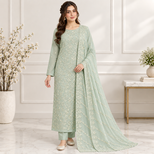 Pistachio Lace Embroidered Chiffon 2-Piece – Design 10058 — model styling