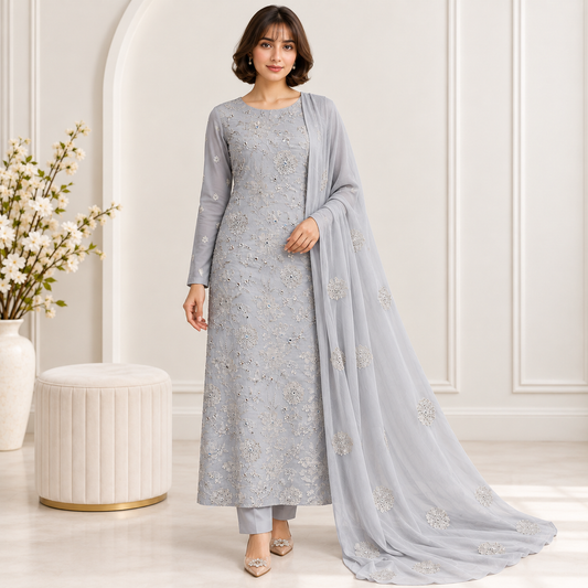 Silver Cloud Embroidered Chiffon 2-Piece – Design 10060 — model styling