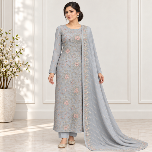 Pearl Grey Blossom Embroidered Chiffon 2-Piece – Design 10062 — model styling