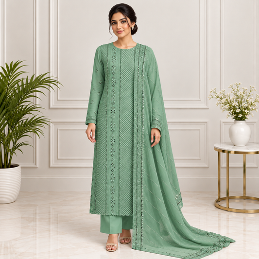 Sage Heritage Embroidered Chiffon 2-Piece – Design 10064 — model styling