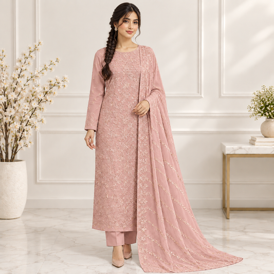 Dusty Pink Lace Embroidered Chiffon 2-Piece – Design 10065 — model styling
