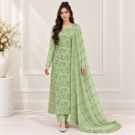 Pistachio Bloom Embroidered Chiffon 2-Piece – Design 10066 — model styling