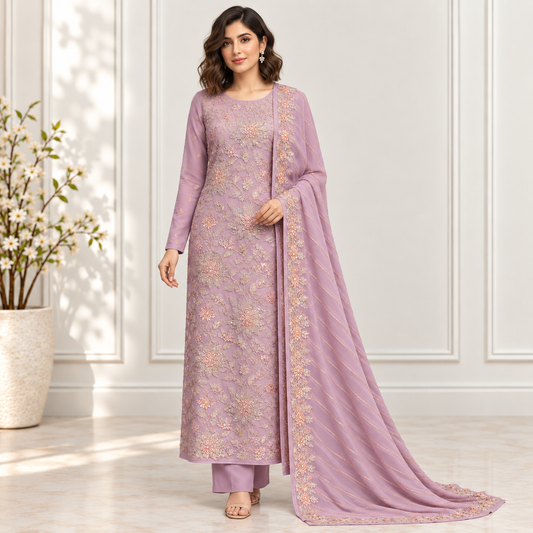 Lavender Gold Embroidered Chiffon 2-Piece – Design 10069 — model styling