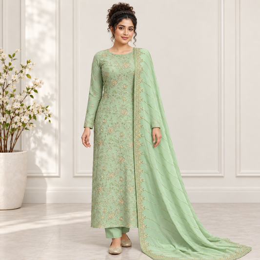 Mint Gold Blossom Embroidered Chiffon 2-Piece – Design 10070 — model styling