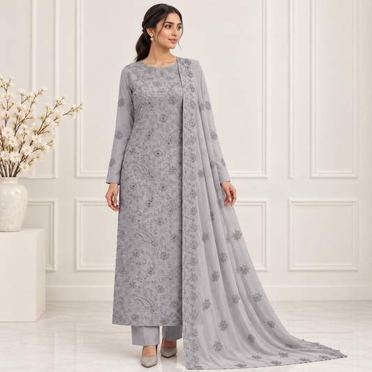 Silver Lace Embroidered Chiffon 2-Piece – Design 10071 — model styling