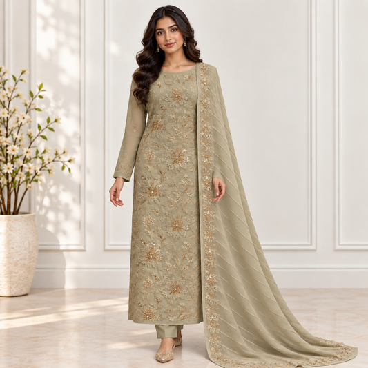Sand Blossom Embroidered Chiffon 2-Piece – Design 10073 — model styling