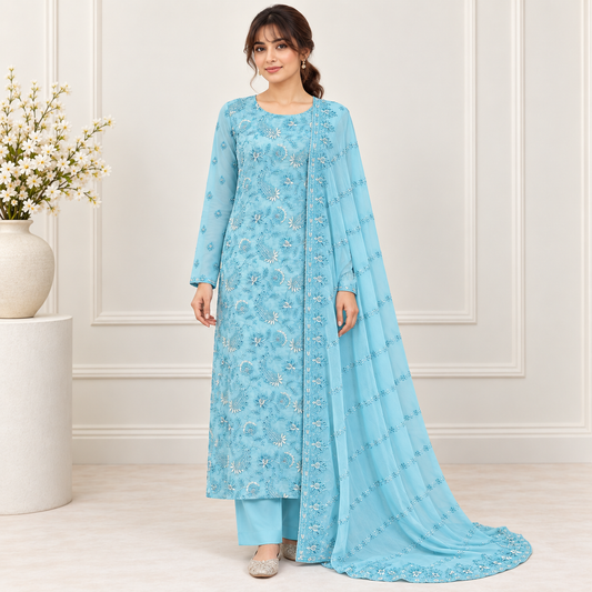 Aqua Lace Embroidered Chiffon 2-Piece – Design 10074 — model styling