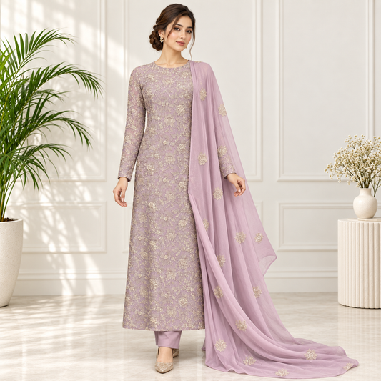 Lilac Blossom Embroidered Chiffon 2-Piece – Design 10075 — model styling
