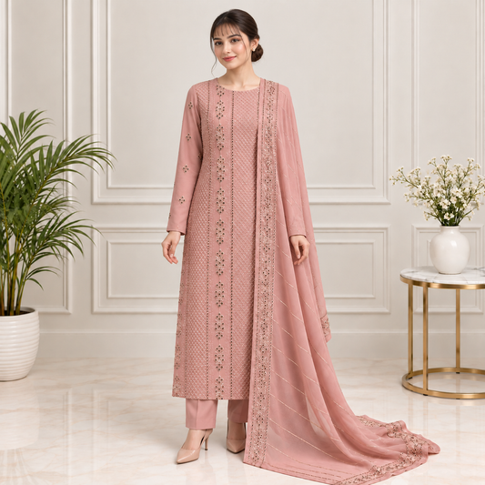Rose Heritage Embroidered Chiffon 2-Piece – Design 10077 — model styling
