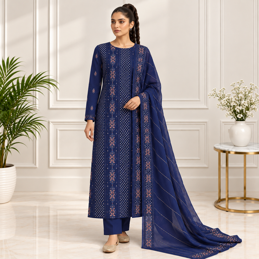 Royal Blue Heritage Embroidered Chiffon 2-Piece – Design 10078 — model styling