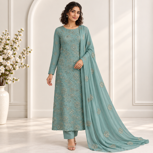 Teal Garden Embroidered Chiffon 2-Piece – Design 10079 — model styling