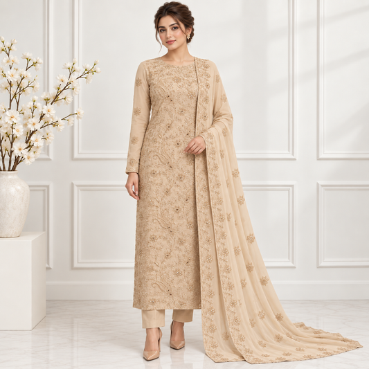 Champagne Blossom Embroidered Chiffon 2-Piece – Design 10080 — model styling
