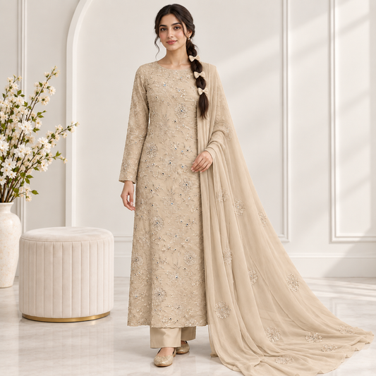 Champagne Pearl Embroidered Chiffon 2-Piece – Design 10081 — model styling
