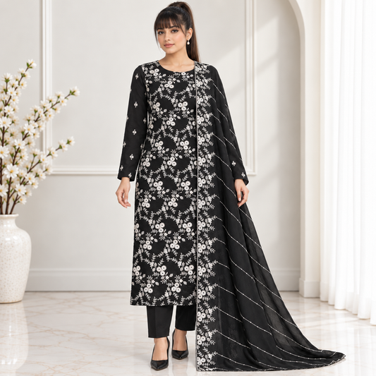 Midnight Floral Embroidered Chiffon 2-Piece – Design 10083 — model styling