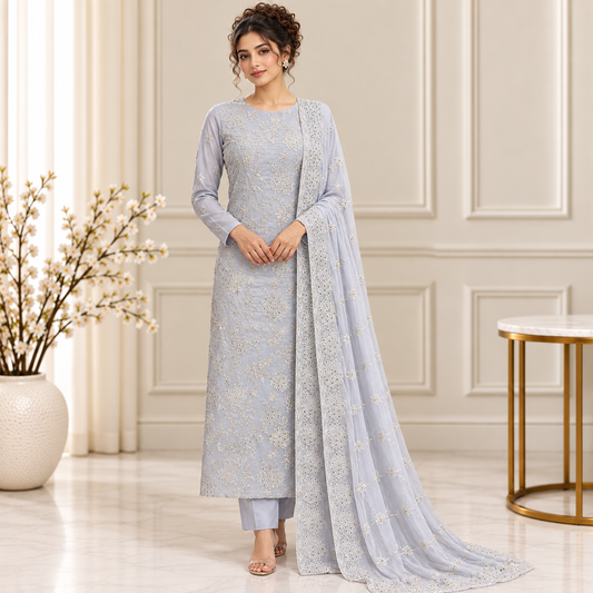 Ice Blue Grace Embroidered Chiffon 2-Piece – Design 10084 — model styling