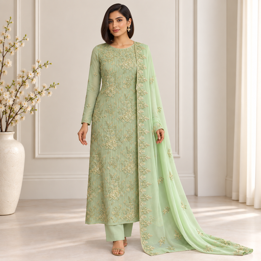 Pistachio Blossom Embroidered Chiffon 2-Piece – Design 407 — model styling