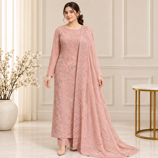 Rose Mist Embroidered Chiffon 2-Piece – Design 408 — model styling