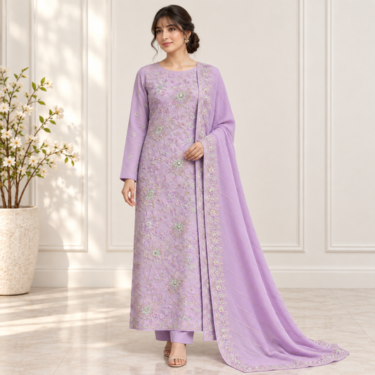 Lavender Pearl Embroidered Chiffon 2-Piece – Design 410 — model styling