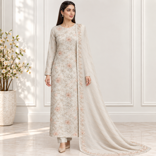 Ivory Petal Embroidered Chiffon 2-Piece – Design 411 — model styling