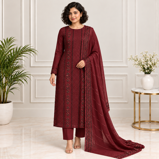 Burgundy Elegance Embroidered Chiffon 2-Piece – Design 412 — model styling